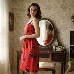 Vintage Lanz Original Dress 1960s Mid Mod Party Dress Red Floral Flower Rose